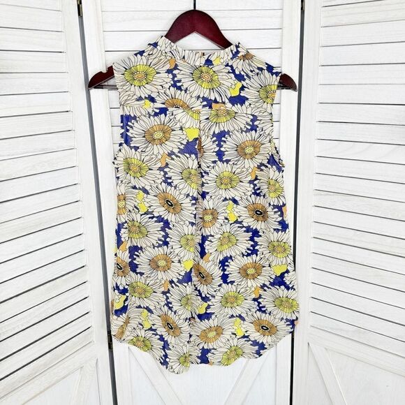 H&M Floral Chiffon Sleeveless Button Front Tunic Shirt Blue Cream Size 6 - Picture 6 of 10